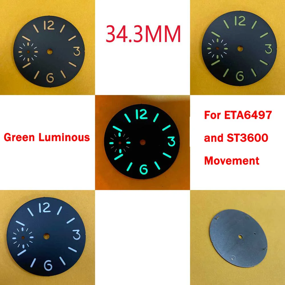 34.3mm Watch Dial Insert Parts Green Luminous Watch Face for ETA6497/ ST3600 Movement Watch Modify Accessories Repair Parts