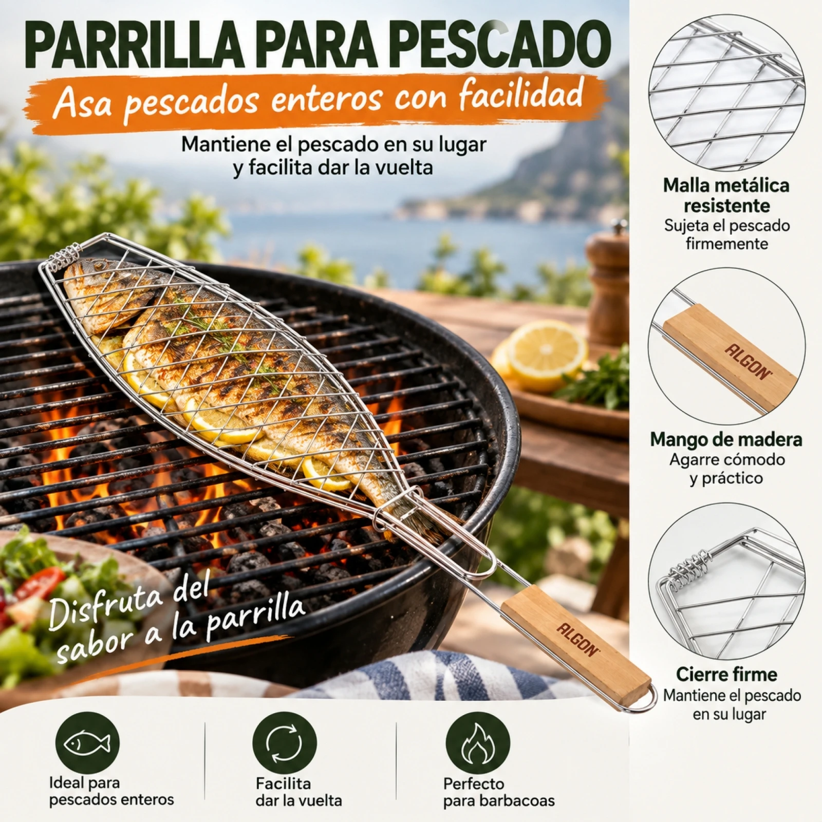 Parrilla para Pescado Entero Algon, Rejilla de Metal Cromado con Mango de Madera Aislante, Cesta de Barbacoa para Asar de Forma Sencilla, Accesorio para Barbacoas, 40x15x2cm