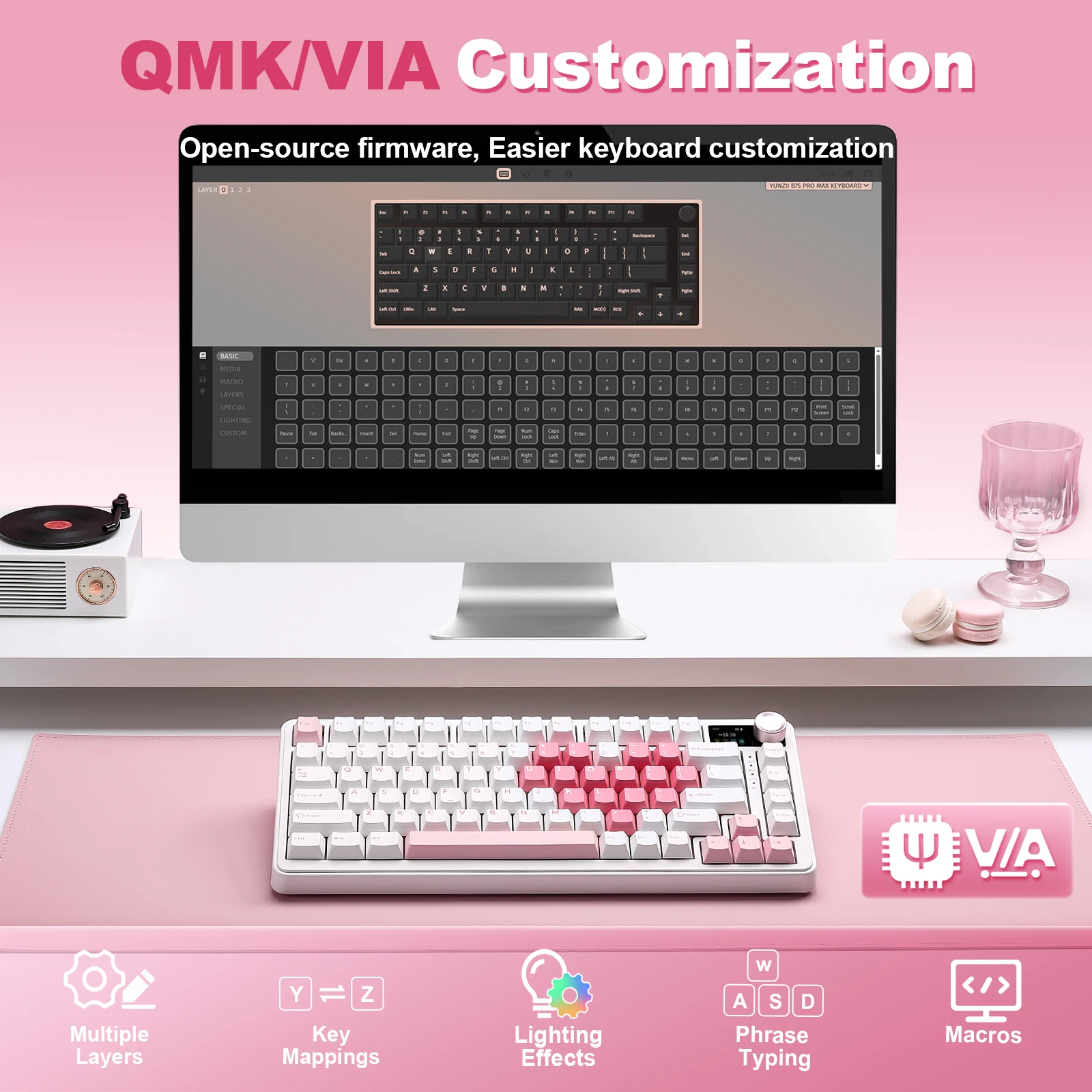 YUNZII B75 PRO MAX 무선 기계식 키보드, QMK/VIA 맞춤형 75% 게이밍 키보드(스크린 및 노브 포함), Win/Mac용 크리미 사운드