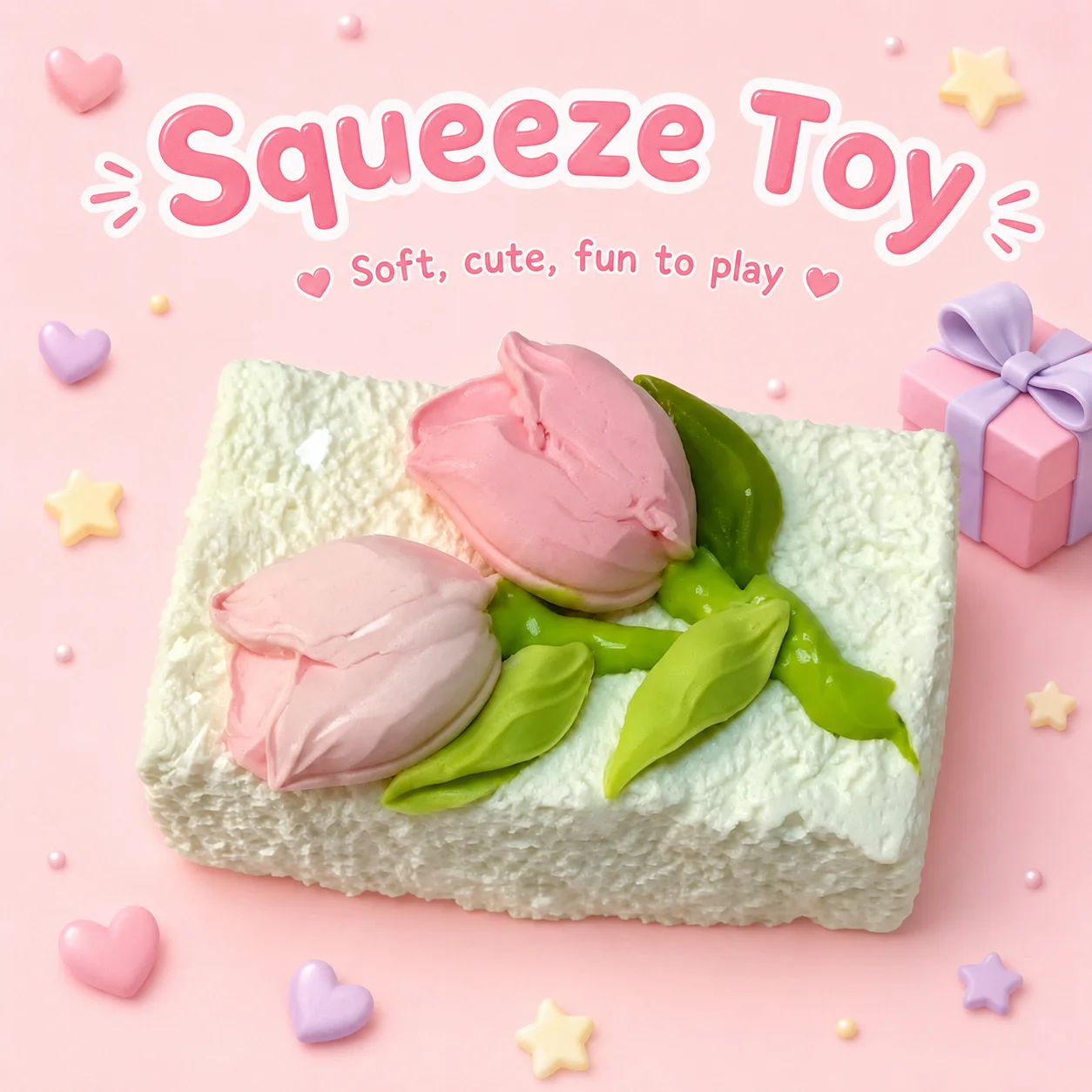 

Food Grade Silicone Rectangle Cake Squishy Toy Pink Tulip Flower Decor Soft Mochi Squeeze Fidget Toy Stress Relief Sensory Gift