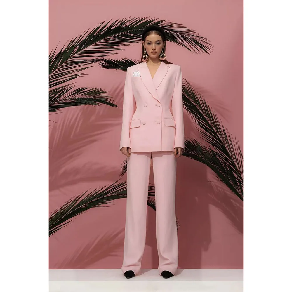 

Pink Women 's Suit Sets Double Breasted Slim Jacket Straight Pants two pieces Sets Fit Office Banquet Wedding Female Clothing