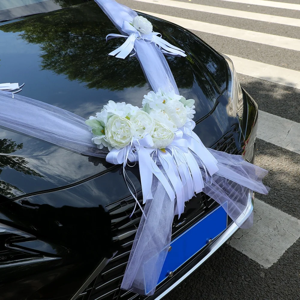 1set Artificial Rose White Tulle Wedding Car Decoration Set Suction Cup Hood Flower with Pull Ribbon for Bridal Procession