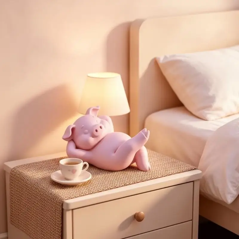 Mini 3D Printed Kawaii Pink Lazy Reclining Pig Figurine Cute Desktop Statue for Home Bedroom Bookshelf Decoration