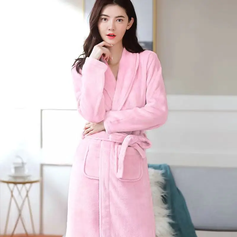 Thickened Flannel Robe Bathrobe Homewear Cardigan Sweater Women Autumn Winter White Lapel Coral Velvet Medium Length Bathwear
