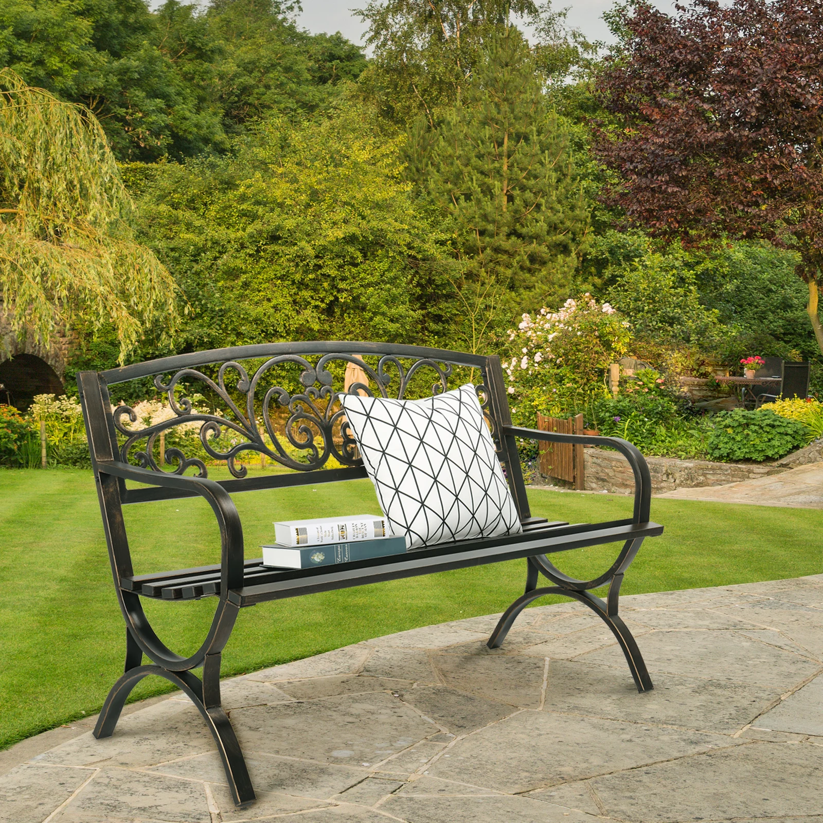 

50" Butterfly Back Cross Feet Bronze Iron Bench Garden Chair