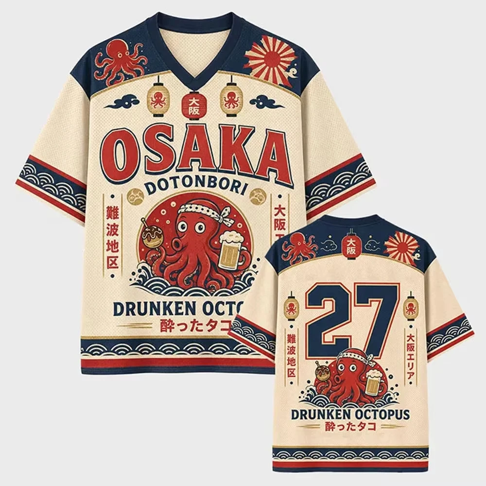 New Unisex Cartoon Octopus Takoyaki Jersey Tee Retro Japanese Snack Food Printed V‑Neck Short‑Sleeve Hip Hop Street Casual Tops view 3