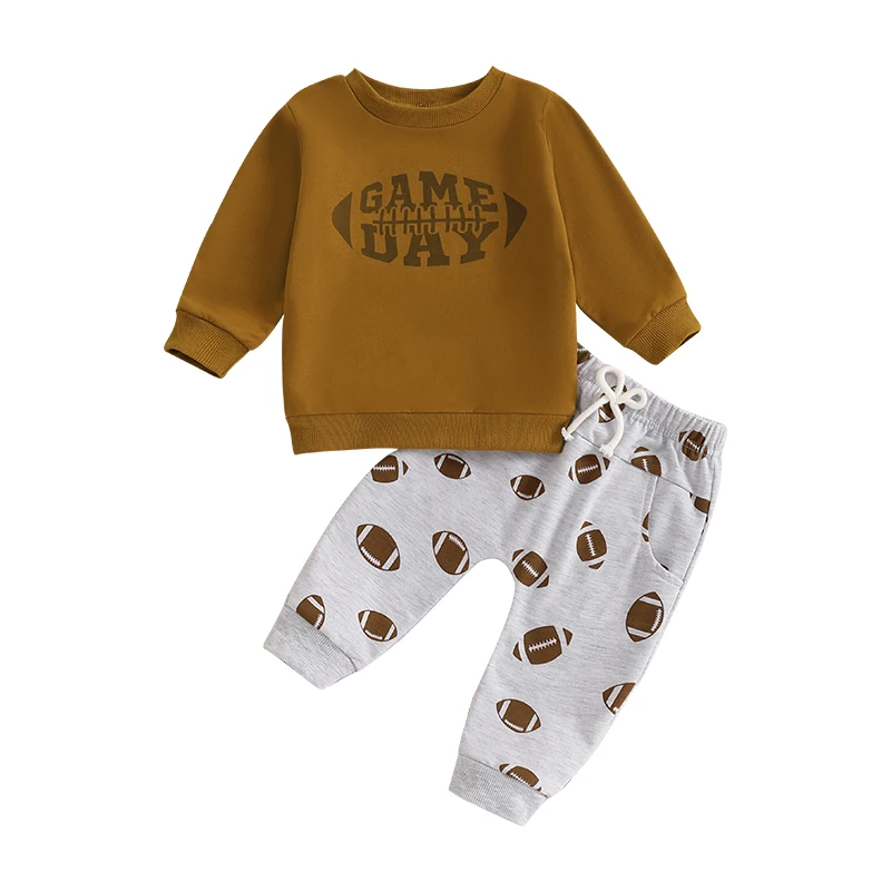 Baby Boy Fall Outfit Rugby Print Long Sleeve Sweatshirt and Elastic Pants 2 Piece Clothes for Toddler