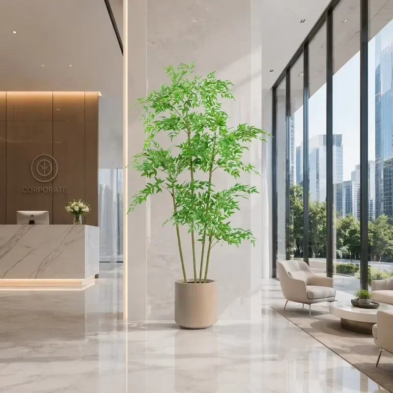 Artificial Nantian Bamboo Potted Plant with White Pot Natural Green Leafy Ground Decoration for Home Lobby Wholesale