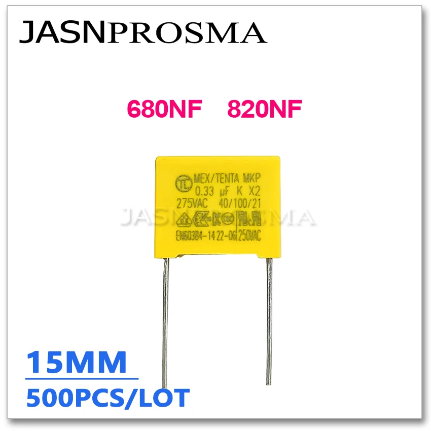 

JASNPROSMA X2 275VAC 680NF 820NF Pitch 15mm 500PCS 0.68UF 0.82UF 684 824 10% K Safety Capacitor MKP