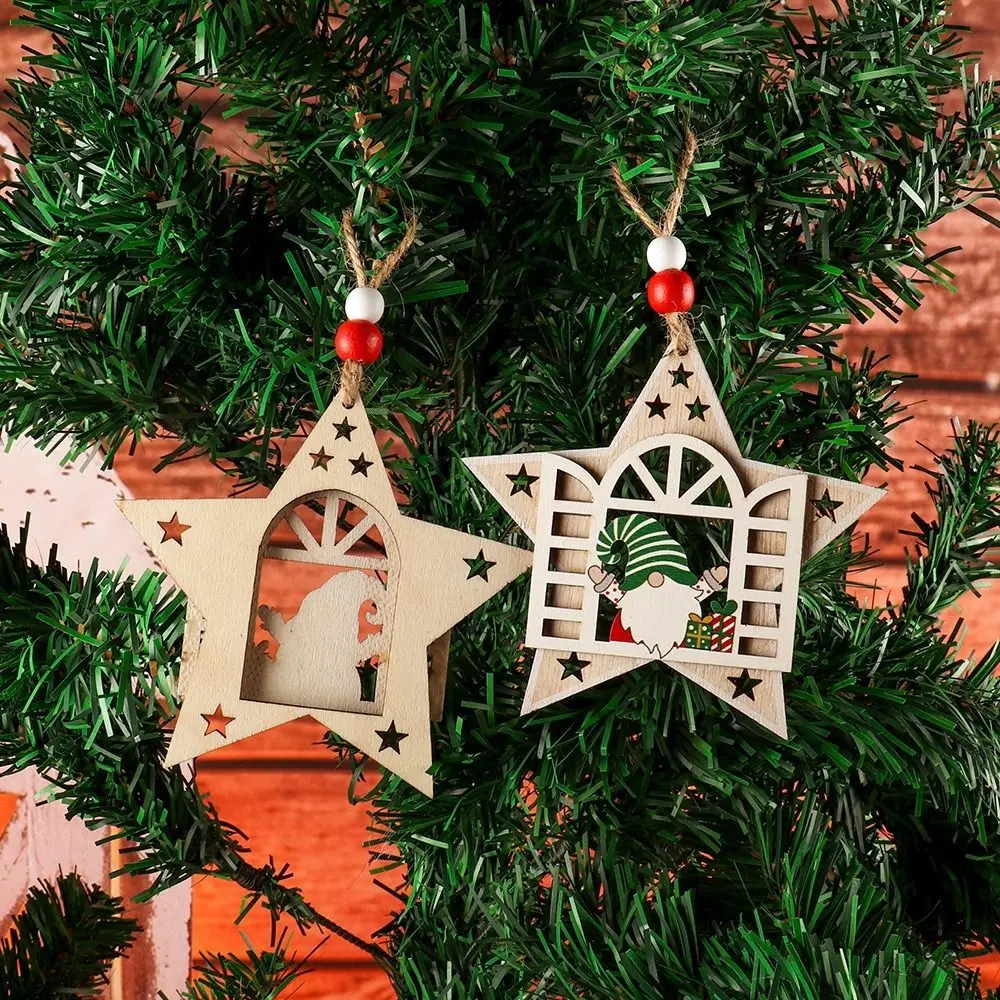 Sneeuwvlok Houten Huis Gezichtsloze Hanger Kerstman Holle Huis Gezichtsloze Man Hanger Pentagram Ster Kerstversiering Nieuwjaar
