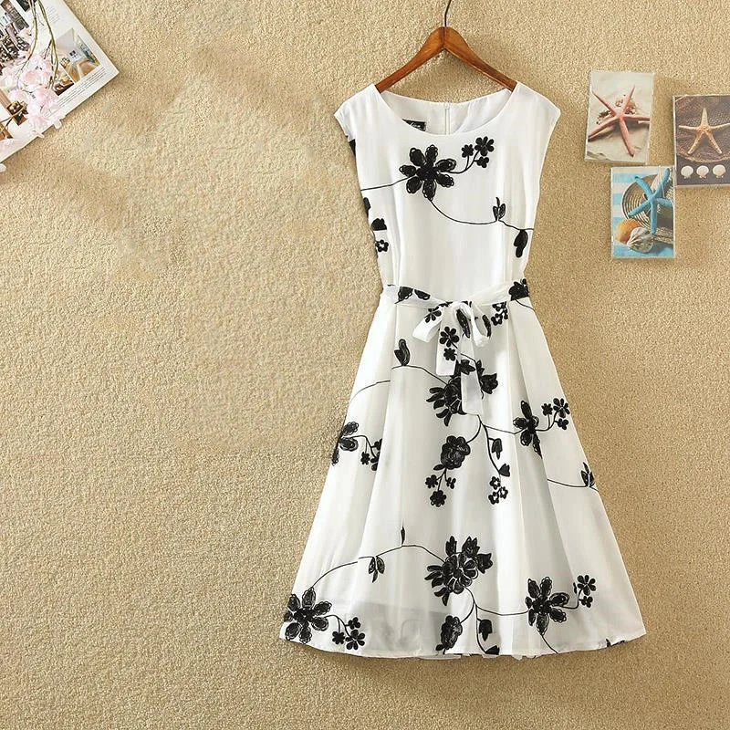 Summer Fashion Floral Printing Elegant Tank Dress White Lace Up Shirt Set Ladies Sleeveless Waist Vestidos Women\'s Casual Robe