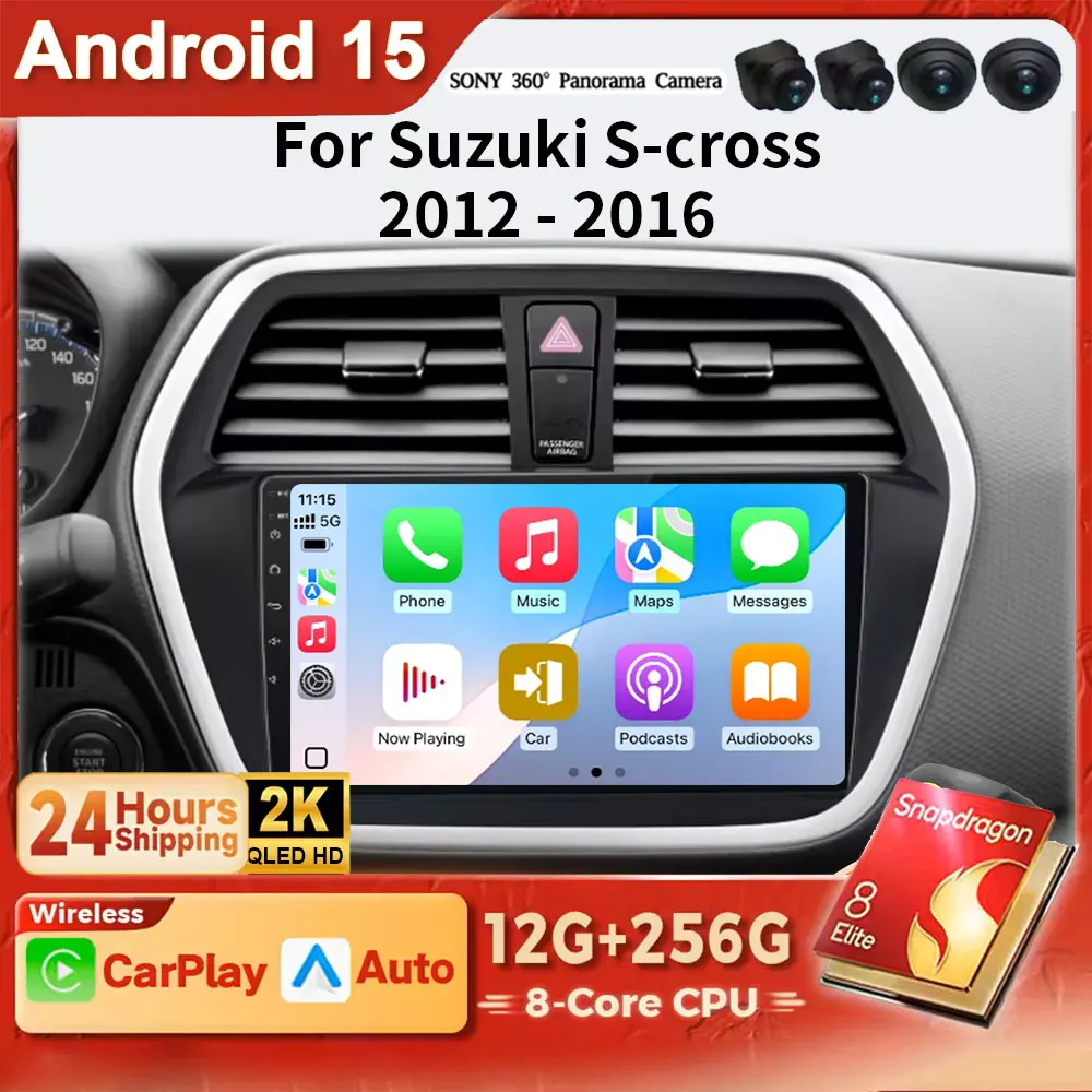 Android 15 2K QLED For Suzuki SX4 2 S-Cross 2012 - 2016 Wireless CarPlay Auto Car Radio GPS RDS WiFi BT 4G Multimedia Stereo DSP
