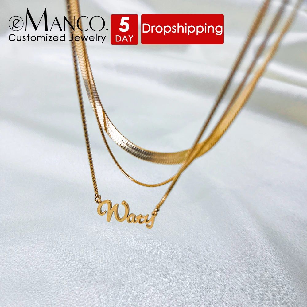 EMANCO Women's Multi-Layered Round Snake Chain Necklace Customized Name Jewelry Stainless Steel Fashion Collarbone Dropshipping