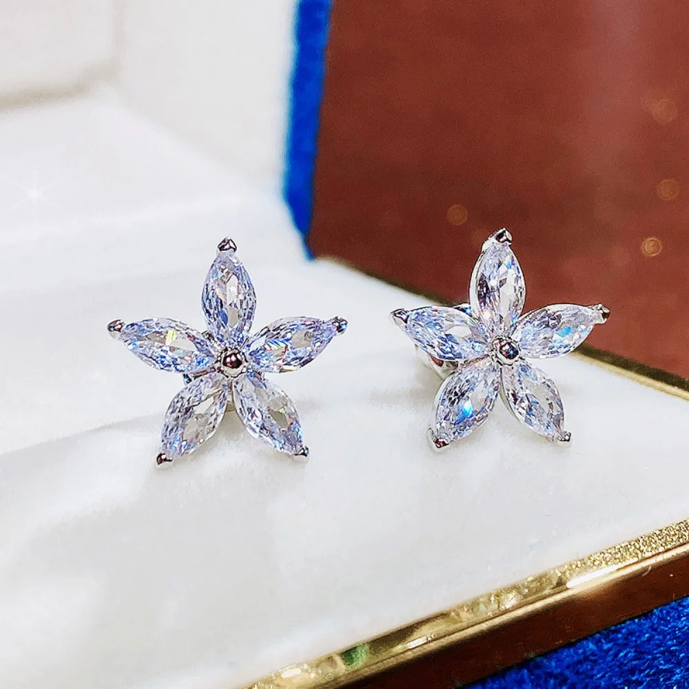 Korean Sweet Shining 5A Zircon Five-pointed Star Flower Stud Earrings for Women Energetic Teenage Girl Daily Party Jewelry Gift