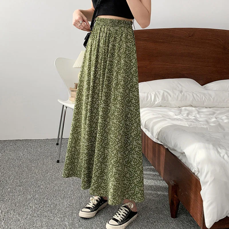 2024 New Women's Summer Fashion Elegant Loose Casual Versatile Commute Korean Version Printed High Waist Sweet Floral Skirt