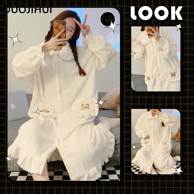 

DUOJIHUI White Long Sleeved Loose Casual Sleepwear Women Winter Flannel Simple Pocket Fashion Single Breasted Female Nightgown