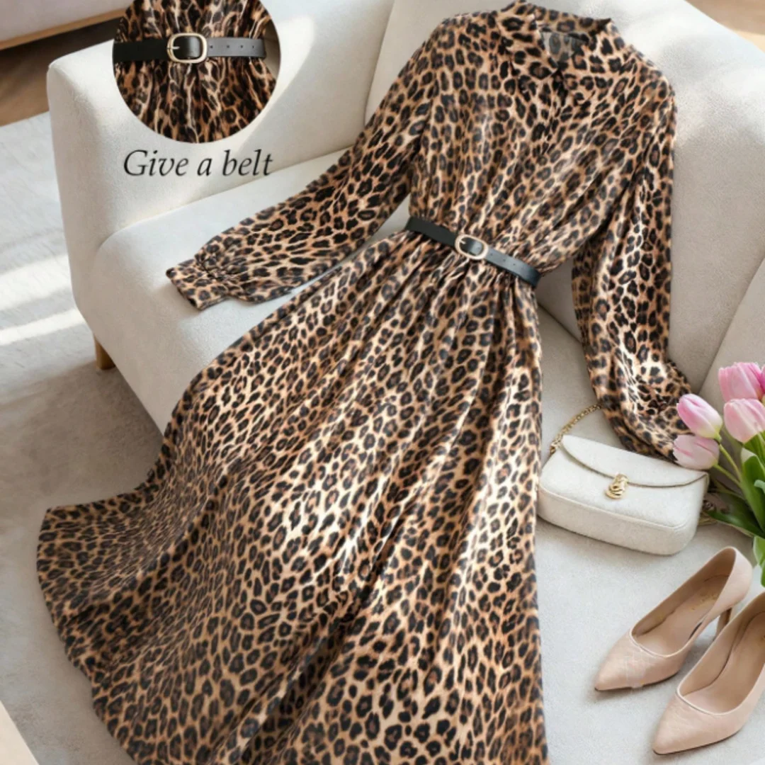 

Plus Size Elegant Leopard Print Shirt Dress Women Long Sleeve Office Casual Maxi Dress with Belt
