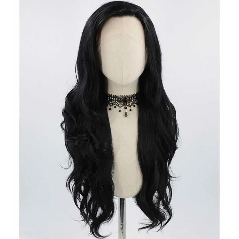 Peruca dianteira do laço da onda longa sintética para mulheres negras, cabelo do bebê, pré-arrancado, sem cola, resistente ao calor, desgaste diário, perucas