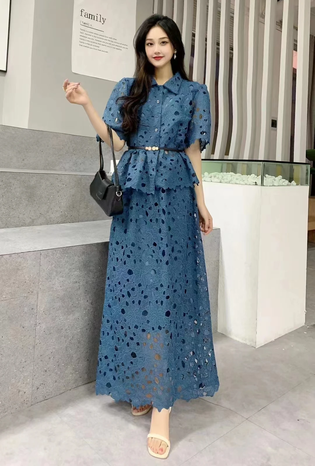 New Summer Women Elegant Hook Flower Hollow Lace Skirt Suits Turn-down Collar Half Sleeve Shirt And Long Skirt Two Piece Set