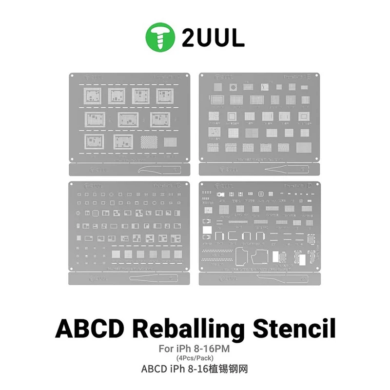 2UUL 4PCS BG01 ABCD Reballing Stencil iPhone 8-16PM Nand Flash/ WIFI/Face ID /Screen /Baseband / Power Amplifier IC Steel Mesh
