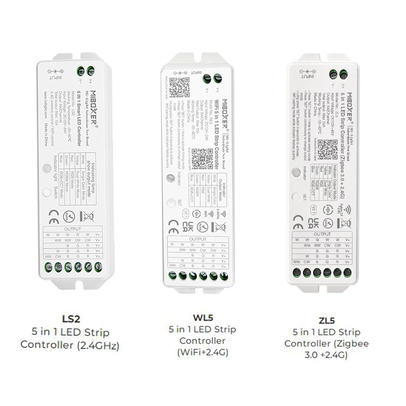 

Miboxer 5 in 1 LED Controller LS2 (2.4G) / ZL5 (Zigbee+2.4G) / WL5 (Wifi+2.4G) 12-24V Alexa/Google Assistant/Voice Control