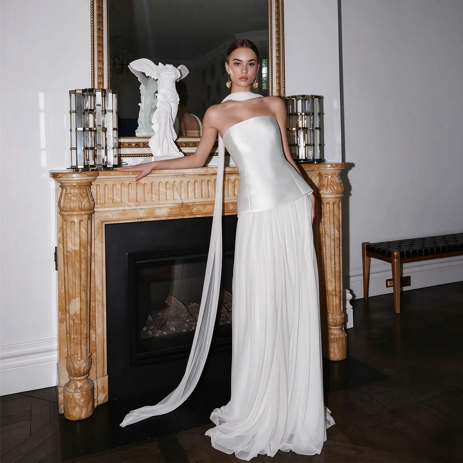 DREAM Strapless Satin Wedding Dress Halter Neck Scarf Pleated Chiffon A Line Bridal Gowns Ivory Modern Bride Dress Sweep Train