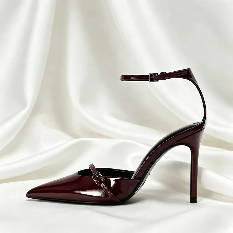 Patent Leather Sexy Thin High Heels Women Ankle Strap Pointed Pumps Dress Shoes Belt Buckle Elegant Brand Office Sandals Women