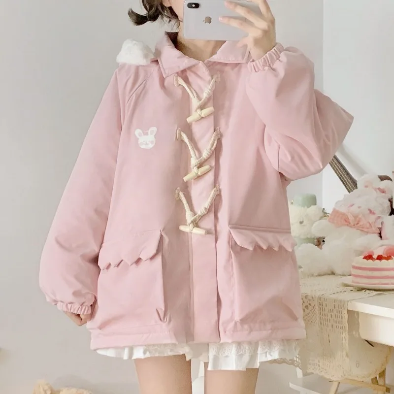 Japanese Hooded Pink Cotton-padded Jacket Female 2024 New Winter Double Cute Cotton-padded Jacket