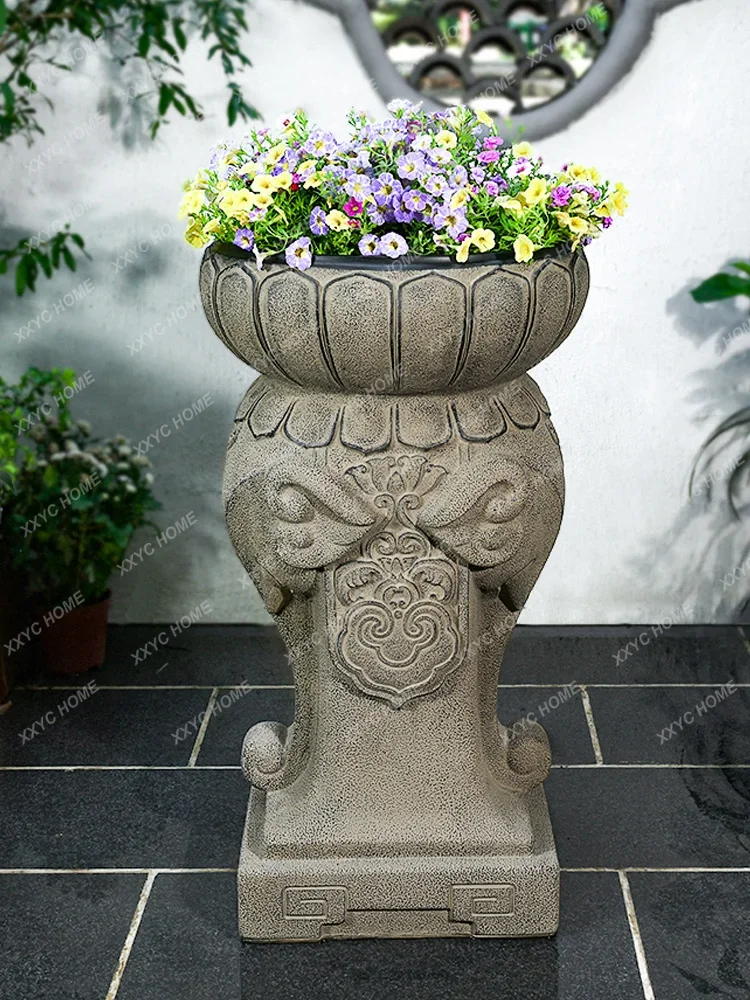 Chinese Garden Small Yard Decoration Outdoor Decoration Small Elephant Creative Art Floor Door Large Flower Pot