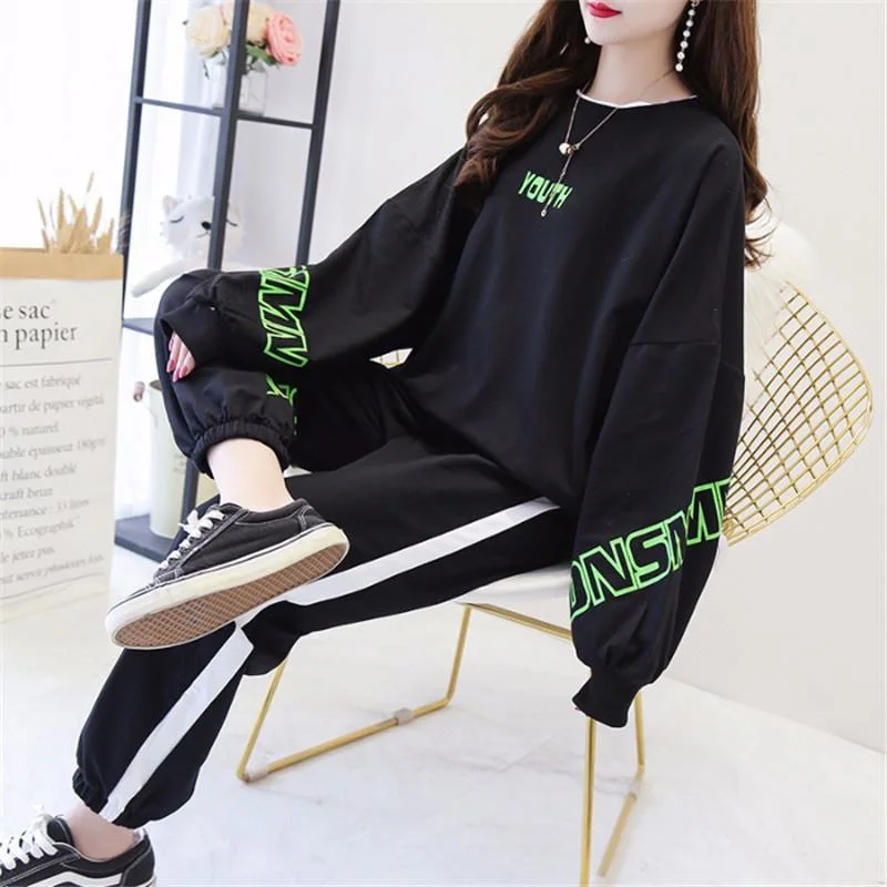 Women\'s 2023 New Spring And Autumn Sports Suit Large Korean Style Student Long Sleeve Hooded Tops And Pants Loose Two Piece Sets