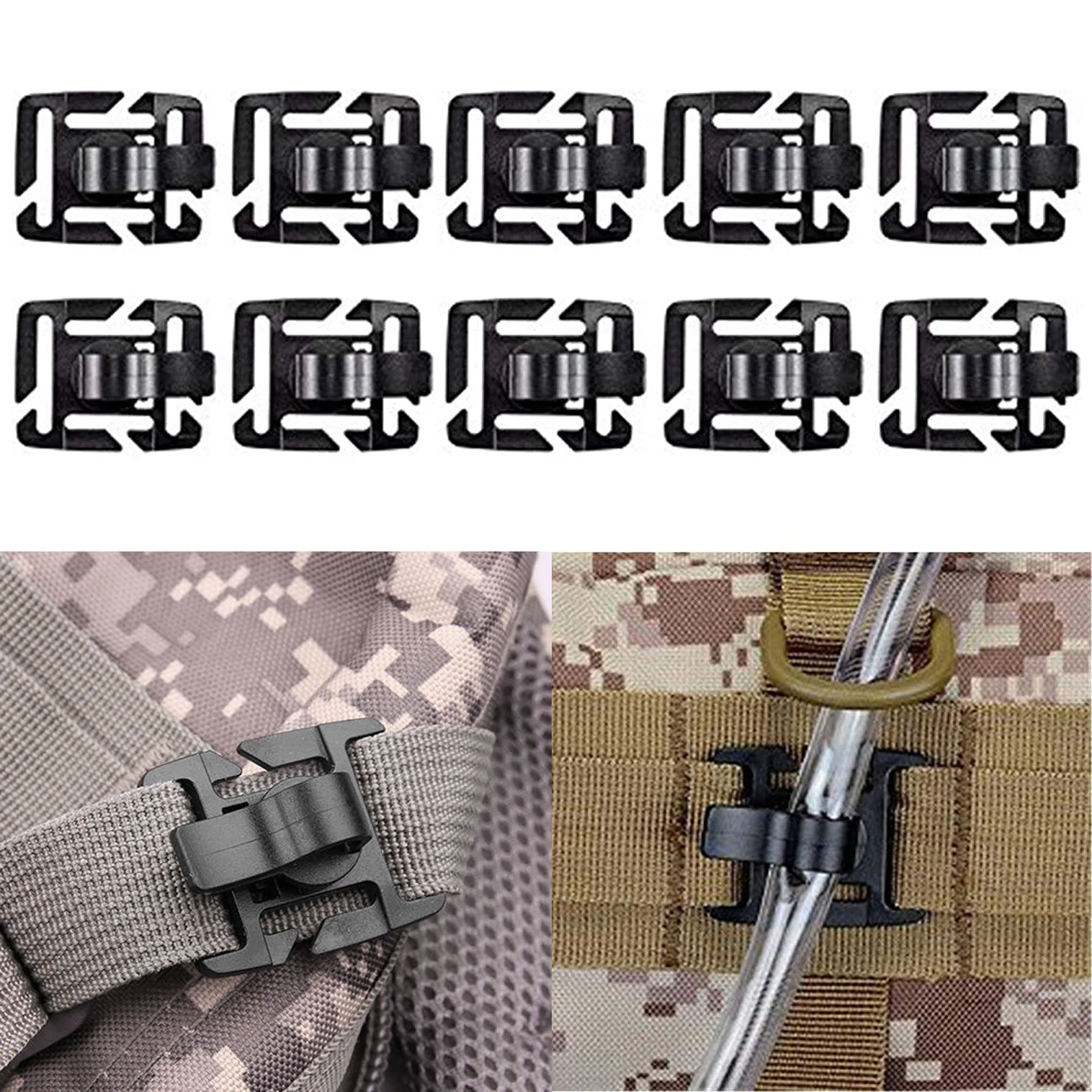 Pack of 10 Tactical Hydration Tube Clips Water Tube Clip MOLLE Webbing Attachment 360°Rotatable