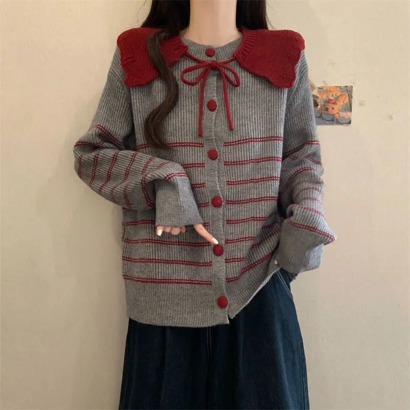 

Контрастный цвет, шаль с кукольным воротником, полосатый вязаный кардиган, женский осенне-зимний новый свободный универсальный свитер для поездок на работу, куртка