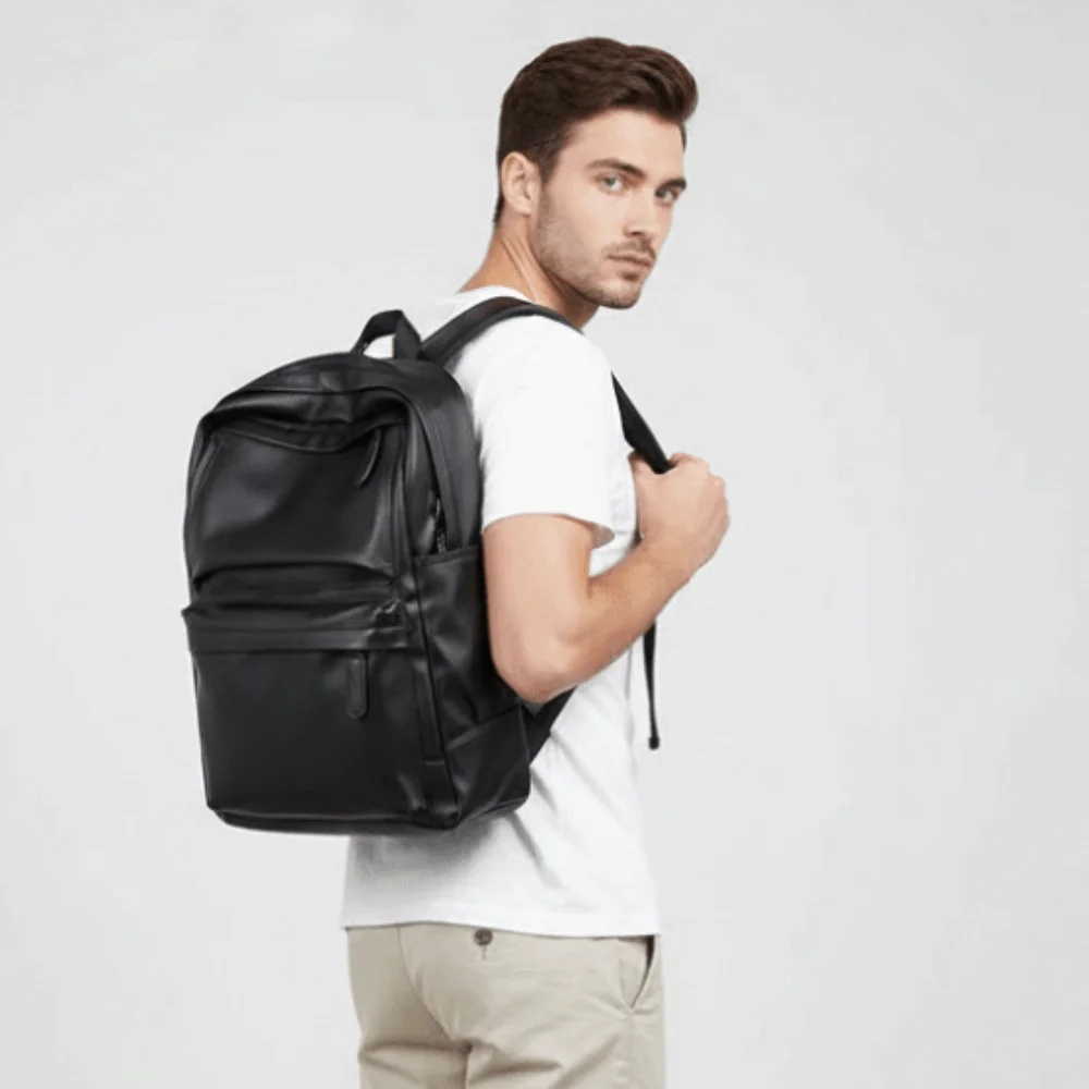

PVC Leather Backpack Men Padded Shoulder Strap Hidden Zipper Pocket Laptop School Bag Laptop Compartment Dual Side Slot