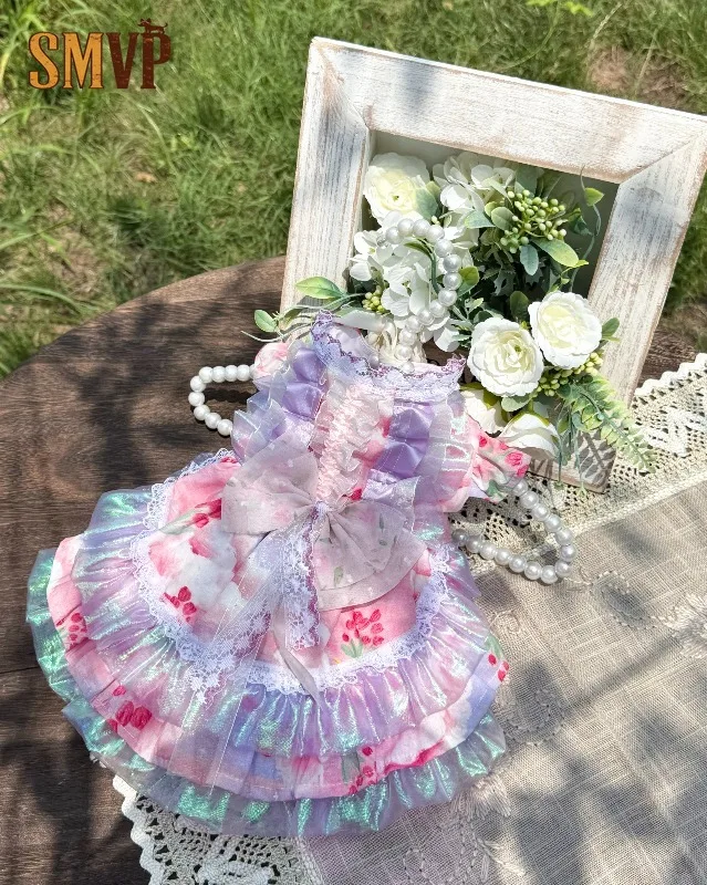 Gradient Floral Print Pet Princess Dress Lace Big Bow Iridescent Ruffle Tiered Dress for Dogs Cats Party Wedding Outfit Apparel