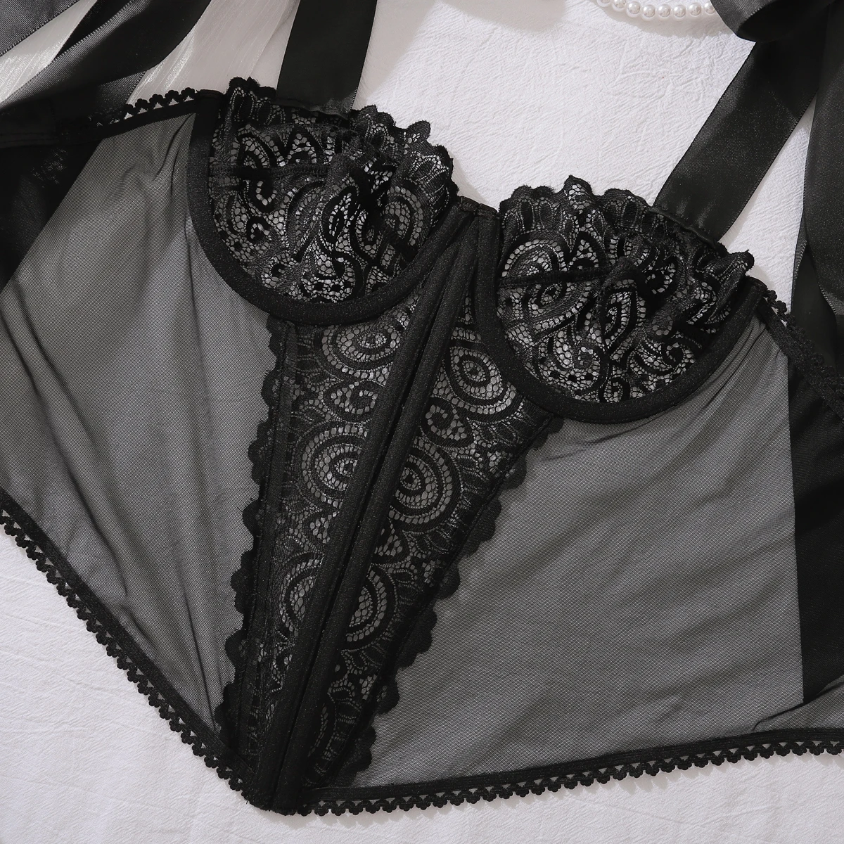 Summer Lace Flowers Embroidery Lingerie Women Tight Corset Sexy Mesh Breathable Fish Bone Shapewear Bow Sling Low Collar Tops view 6
