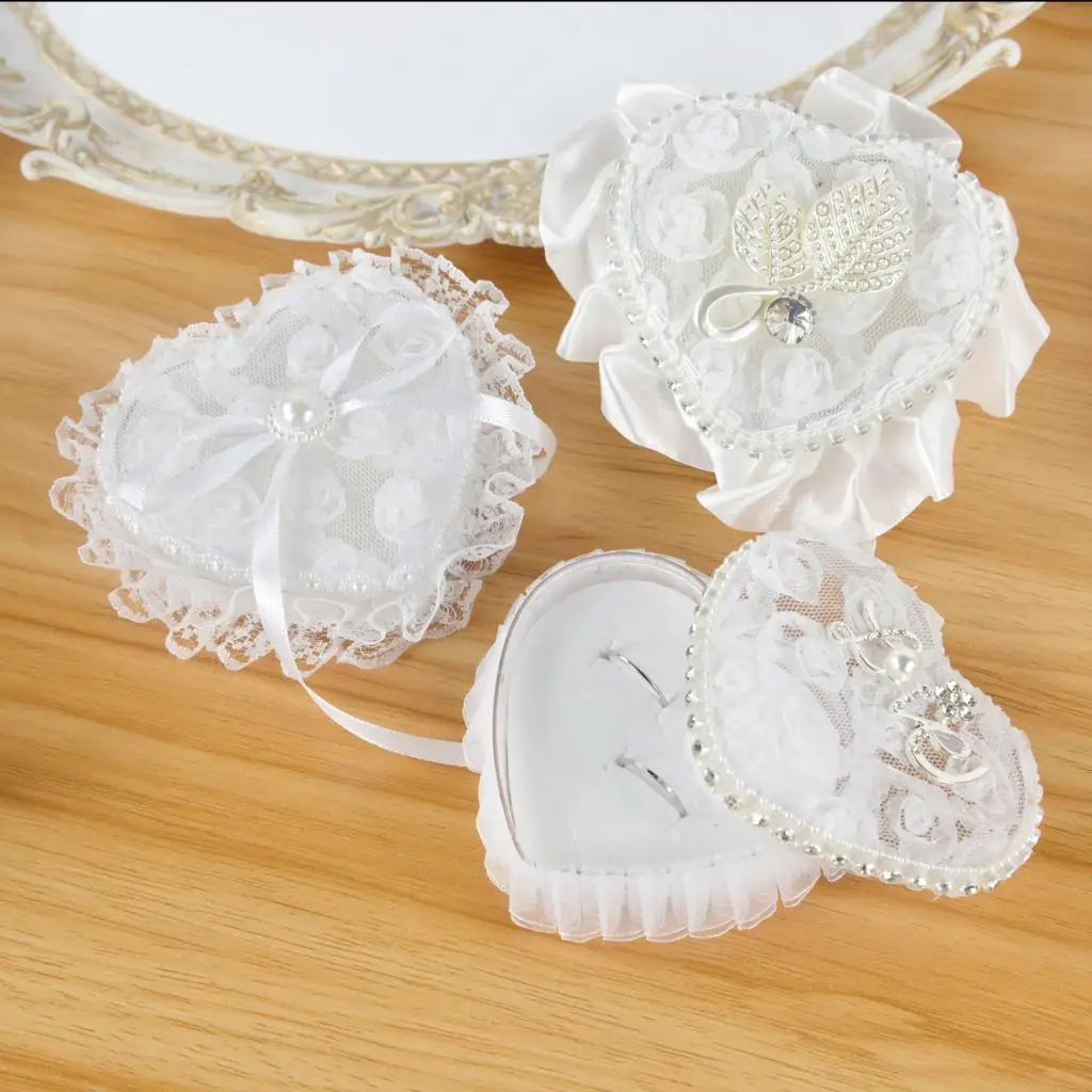 

1pc Romantic Heart-shape Ring Box White Rose Flowers Jewelry Case Ring Pillow Cushion Holder Wedding Mariage Party Decorations