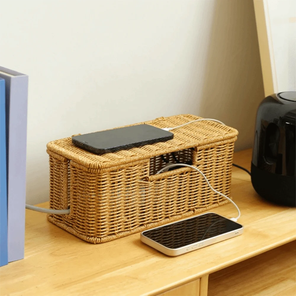 

Hand-Woven Imitation Rattan Cable Organizer Box Well-ventilated Rustic Style Charging Station Storage Box 2/3/5 Open Slot