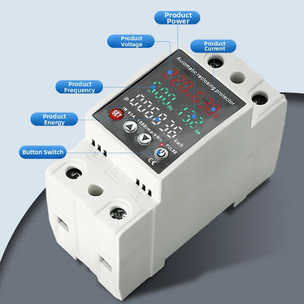 5 Display 63A AC 80-300V Adjustable Over Voltage Under Voltage Protection Device Limit Over Current Protection Voltage Protector