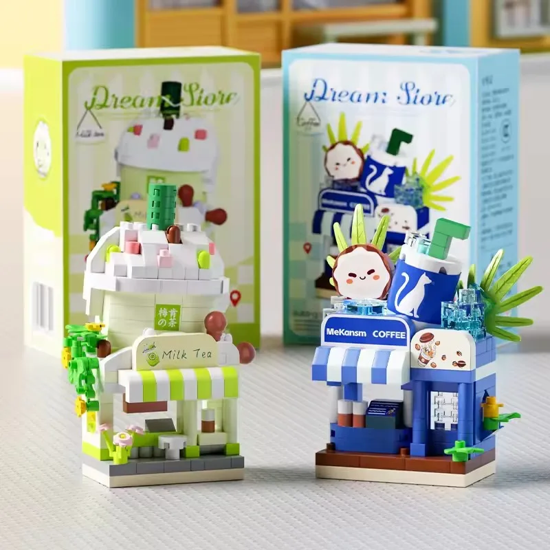 Restaurant Dessert Koffie Fruit Bloemenwinkel Snack Street View Cake Voedsel Huis Bouwstenen Kits Meisjes Bakstenen Model Kinderen Speelgoed