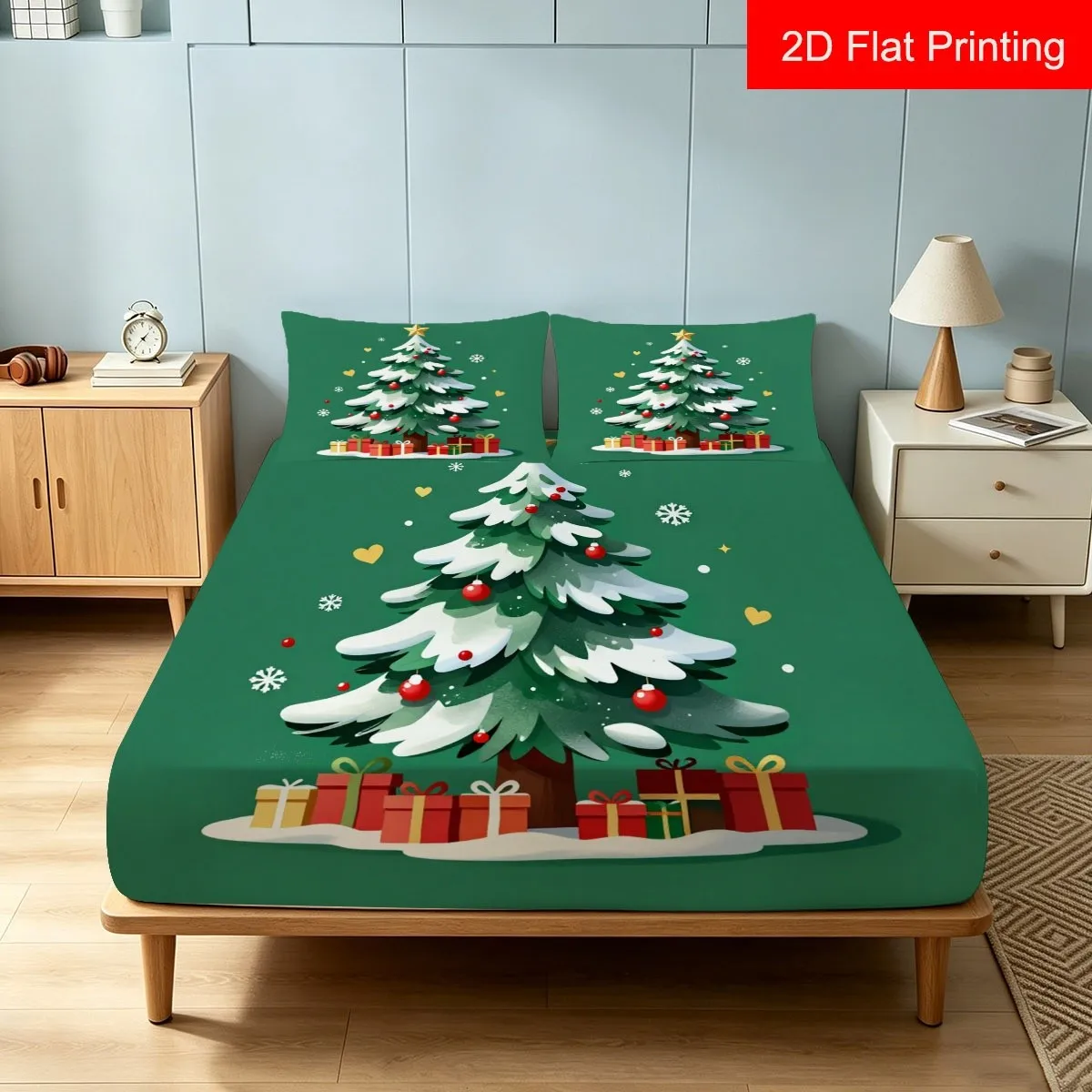 Holiday Christmas Tree Green Background Snow Tree Pattern, Snowflake Decoration 2D Digital Print Three-Piece Bedding Set (Includes 1 Fitted Sheet + 2 Pillowcases) 3-Piece Set, Large Capacity Deep Pocket 2D Printed Fitted Sheet and 2 Pillowcases Bedding Mattress Protector, Fitted Sheet Style with Elastic Band, Protective Cover, Mattress Protector, Machine Washable Design, Holiday Decoration, Various Sizes, Breathable Protective Cover Plus Pillowcase