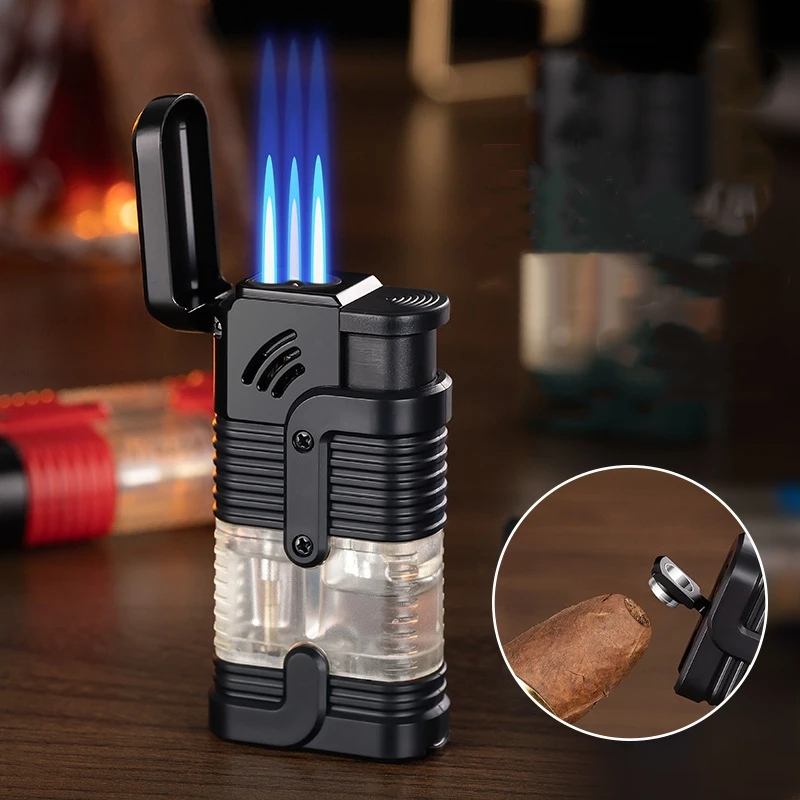 Cigar Lighter Metal Windproof Three Jet Flames Gas Lighter Transparent Oil Tank High Temperature Spray Gun Cigar Cutter Lighter