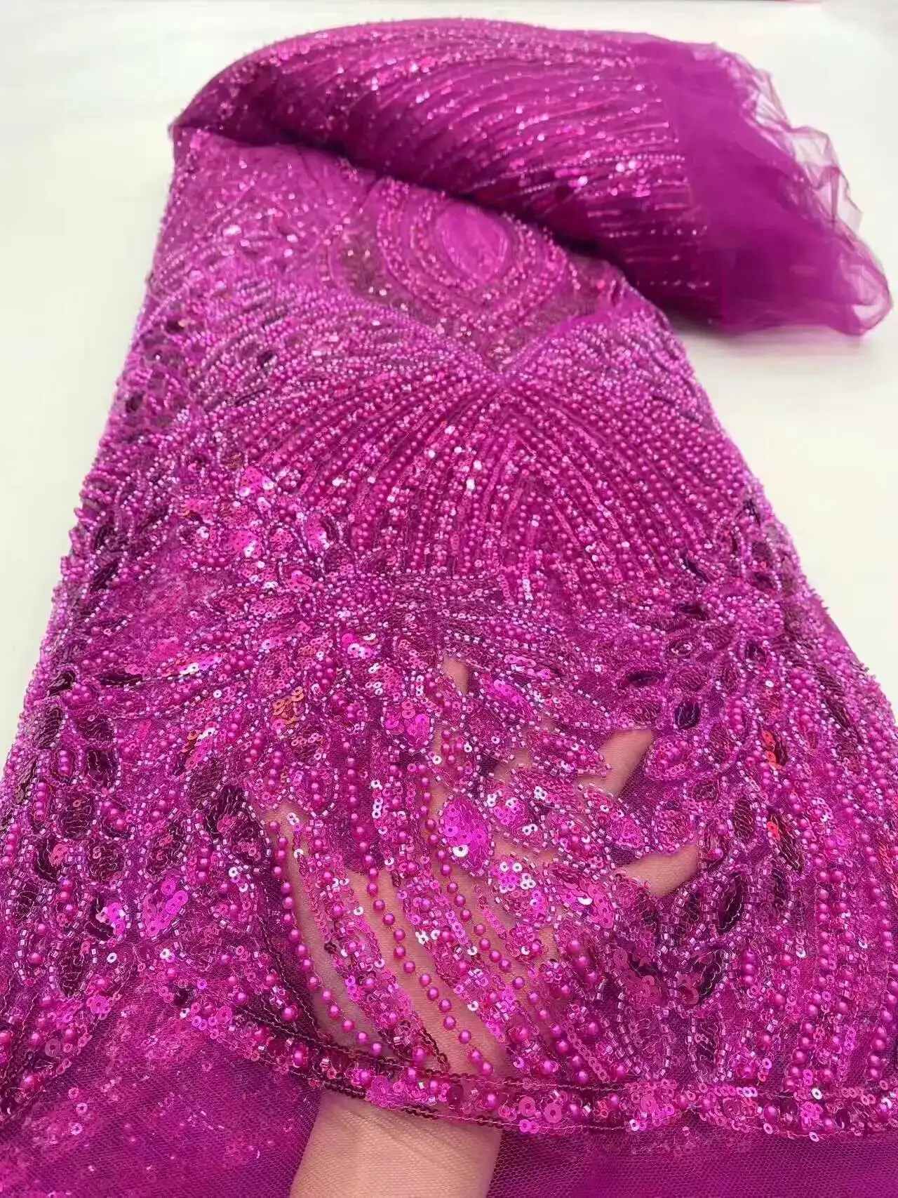 

African Sequins Beaded Lace Fabric 2025 High Quality Sequence Embroidery French Nigerian Lace Fabric For Wedding Dress Material