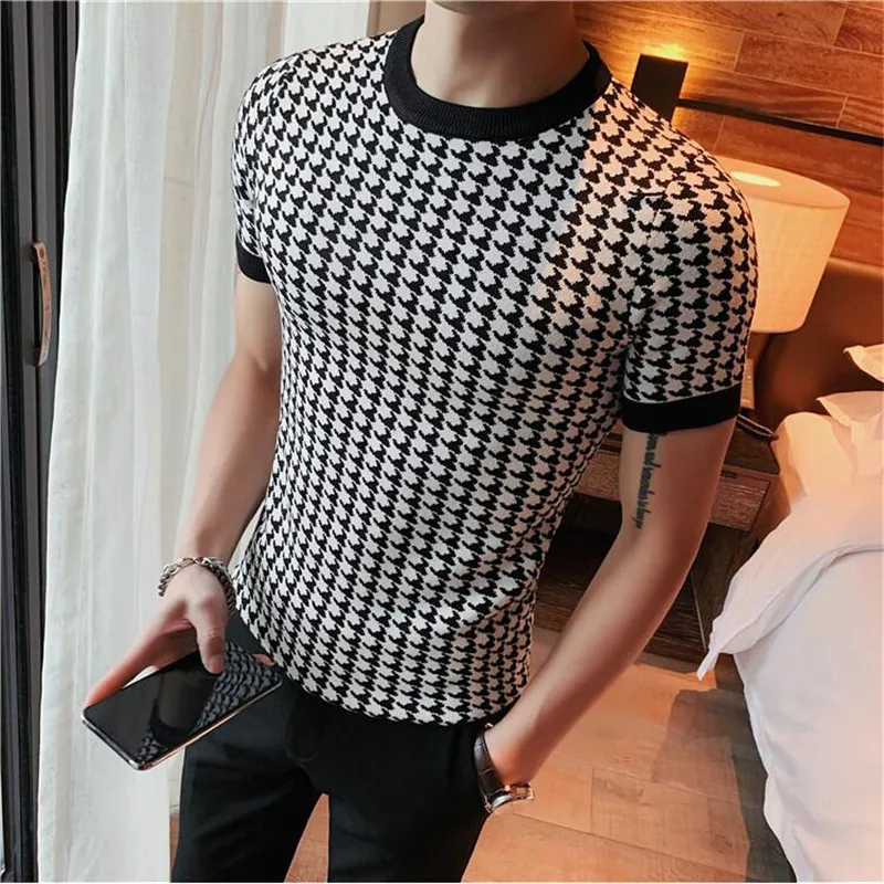 Luxury Men Autumn Slim Knitted Tshirt 2024 New Houndstooth O-neck Short Sleeve Top Tees Streetwear Social Club Casual Tee Shirt