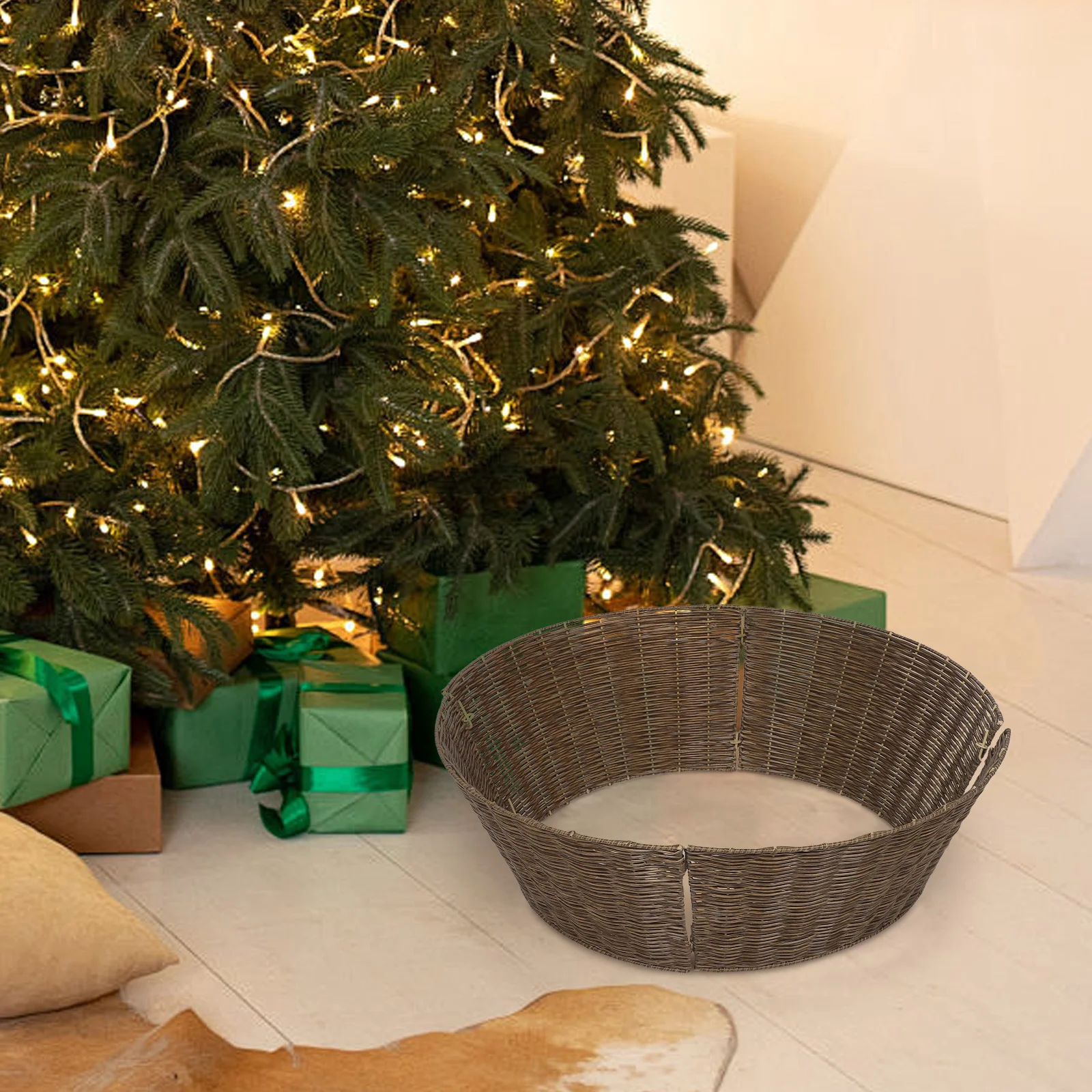 

65Cm Christmas Tree Collar Plastic Rattan Look Basket Farmhouse Tree Base Cover Conceal Stand Decorative Ring New Year Party
