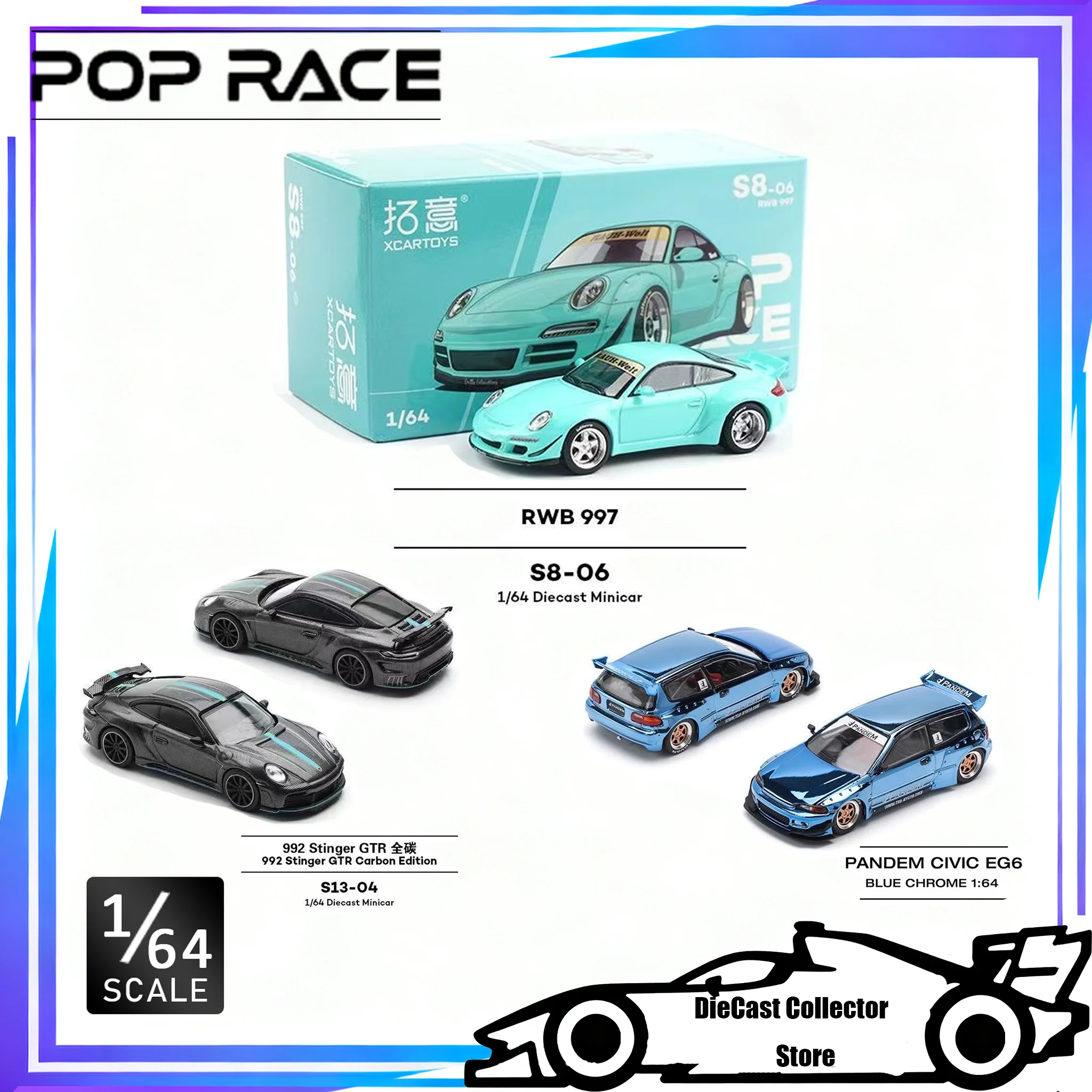 

POP RACE 1/64 Porsche RWB 997 Blue 992 Stinger GTR Carbon Edition Pandem Civic EG6 Синий ХРОМИрованная модель автомобиля из сплава Детские игрушки