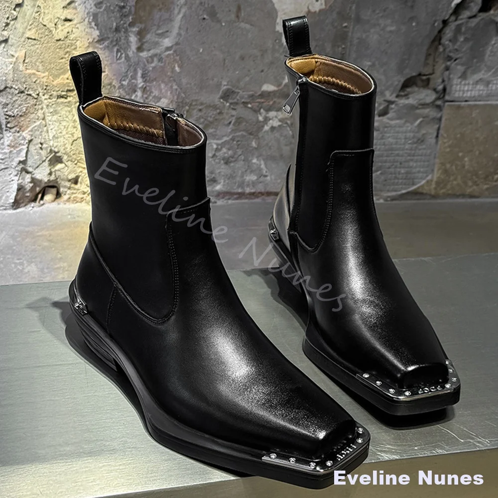 Men Black Leather Western Cowboy Ankle Boots Square Toe Metal Stud Side Zipper Block Heel Retro Gothic Fashion Mid Calf Boots
