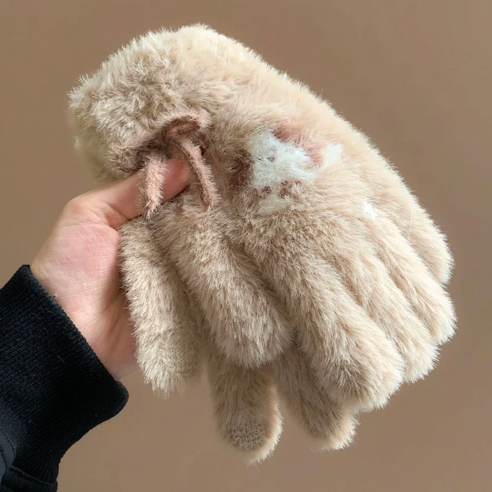 Stylish Bow Star Cat Pattern Full Finger Gloves Polyester One Size Touch Screen Gloves Cold Proof Thick Gloves Girls