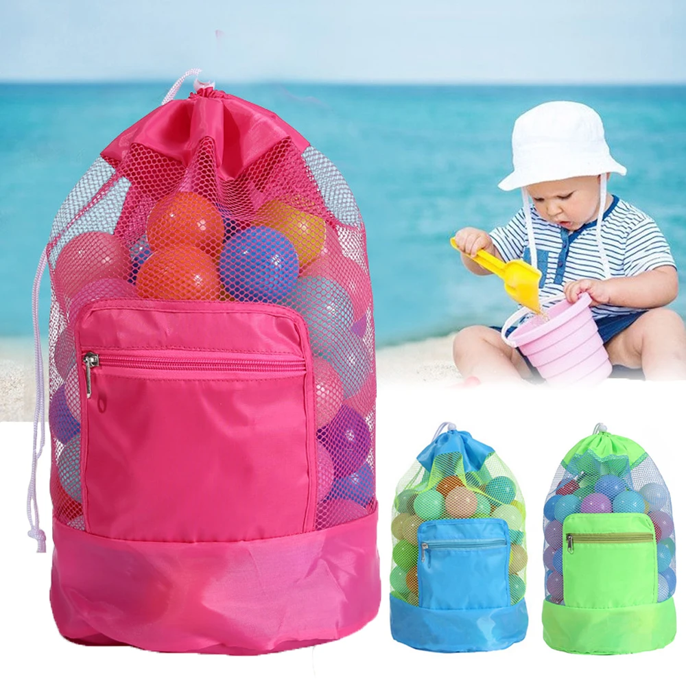 Foldable Beach Toy Bag Beach Storage Pouch Tote Mesh Bag Travel Toy Organizer Sundries Net Drawstring Storage Backpack