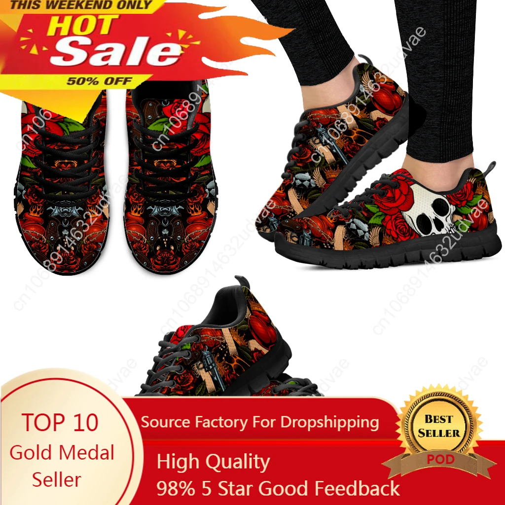 

3D Rose Skull Casual Sneakers For Women Sunflower Skull Walking Shoes Flower Print Breathable Tennis Shoes Zapatos