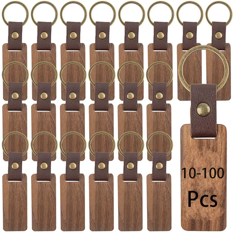 10-100Pcs Wooden Keychain Black Walnut Keychain Vertical Strip Beech Keychain